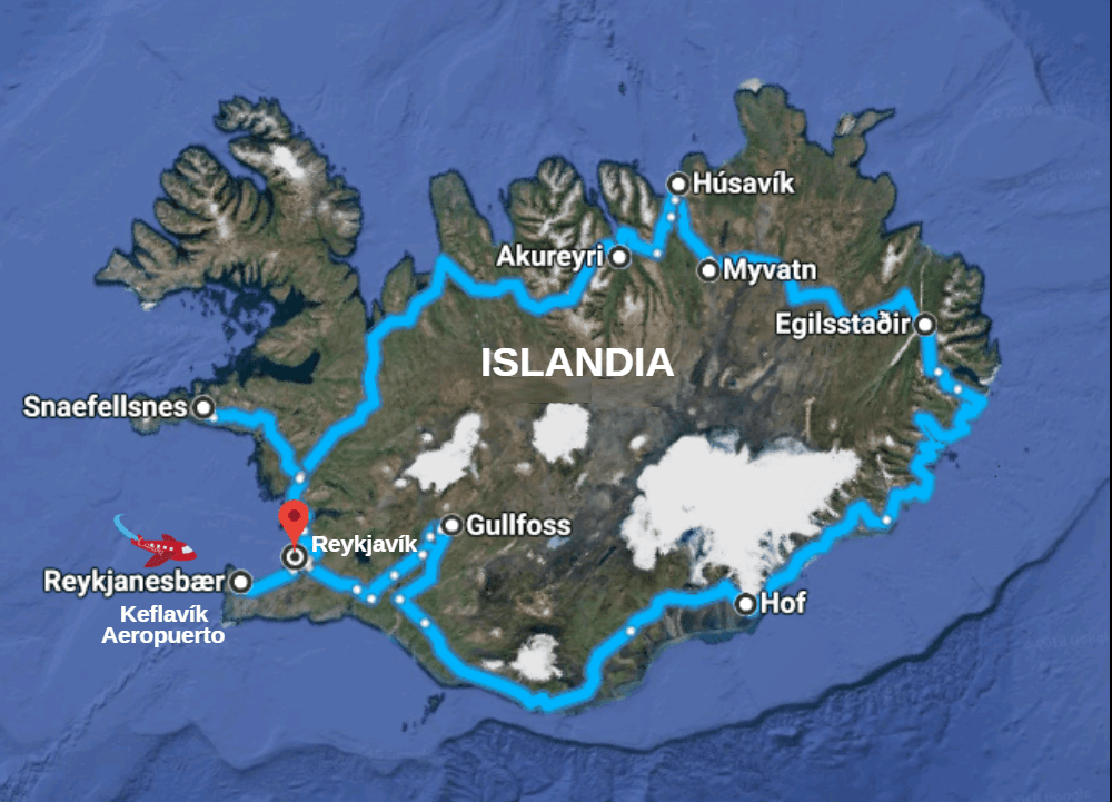 Mapa de circuíto de 11 días en Islandia.
