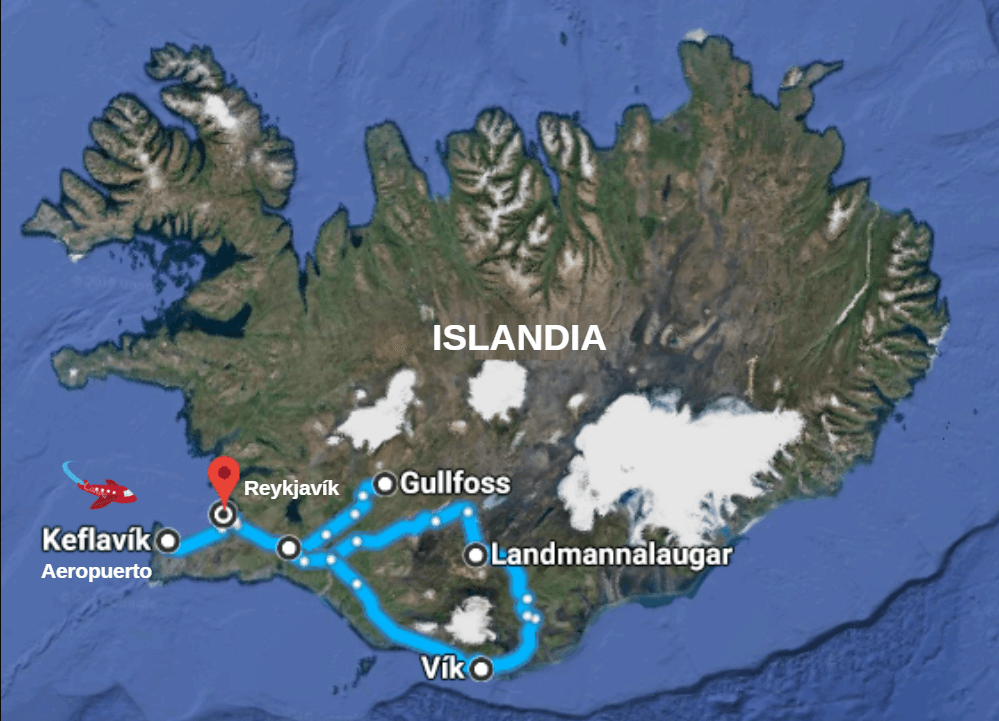 Mapa de circuíto de 5 días en Islandia. Alquila un coche y descubre Islandia por su cuenta.