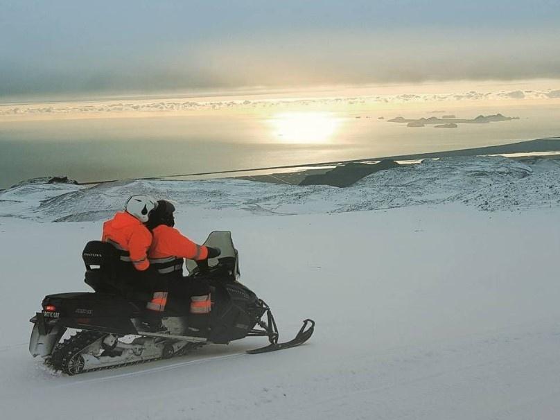 Snowmobile tour on Eyjafjallajökull glacier in Iceland 