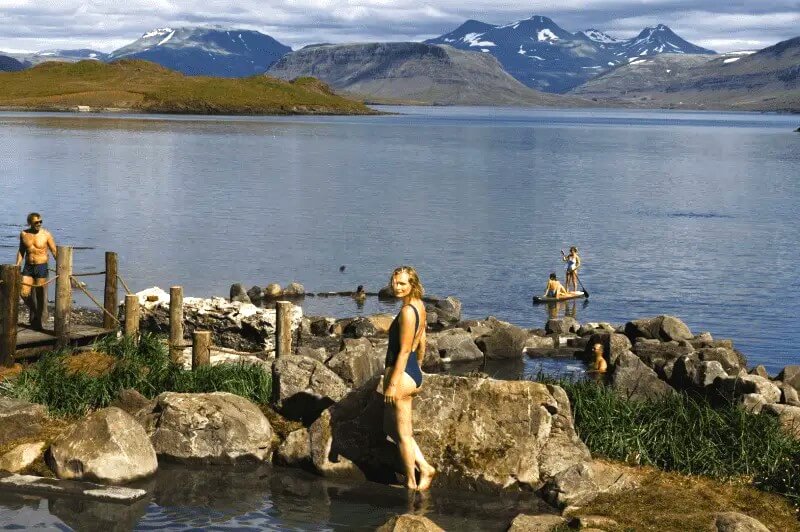 Bath in Hvammsvik Hot springs on Iceland