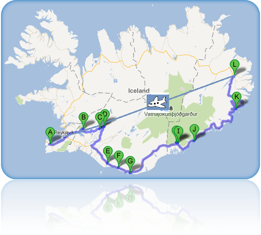Mapa del viaje en el sur y este de Islandia