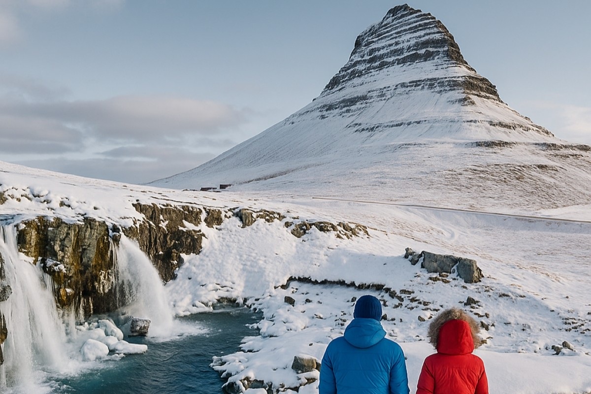 Pareja admirando la montaña Kirkjufell y la cascada parcialmente congelada durante una excursión VIP en Islandia 2026