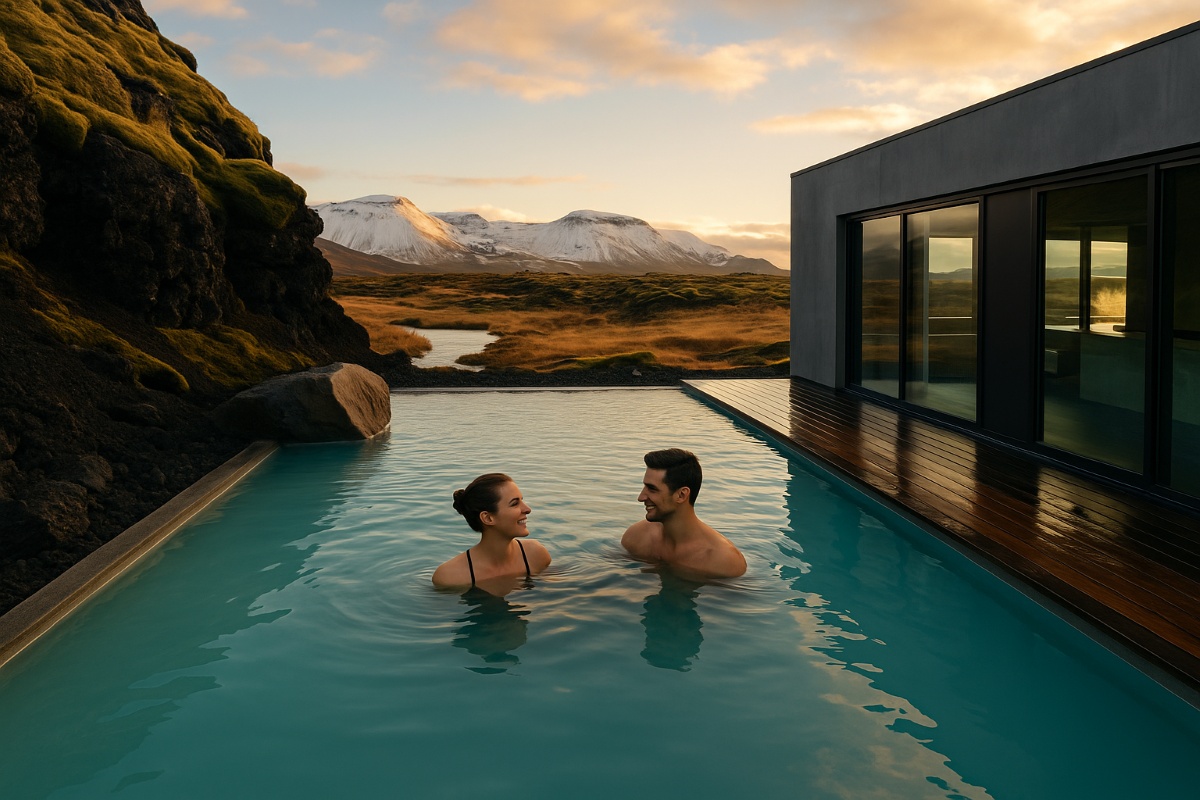 Pareja disfrutando del spa geotermal The Retreat at Blue Lagoon con vistas a montañas nevadas en Islandia 2026