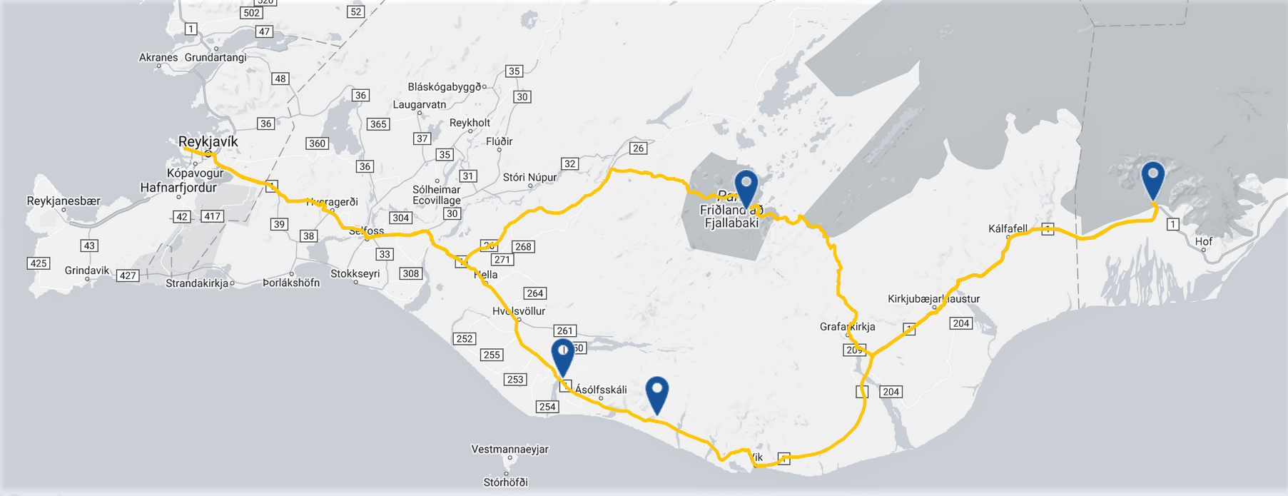 mapa-sur-islandia Mapa del sur de Islandia