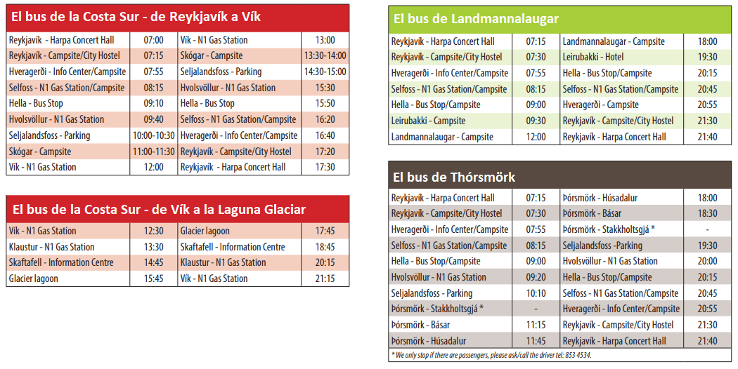 horario de los autobuses al interior de Islandia horario bono autobuses islandia