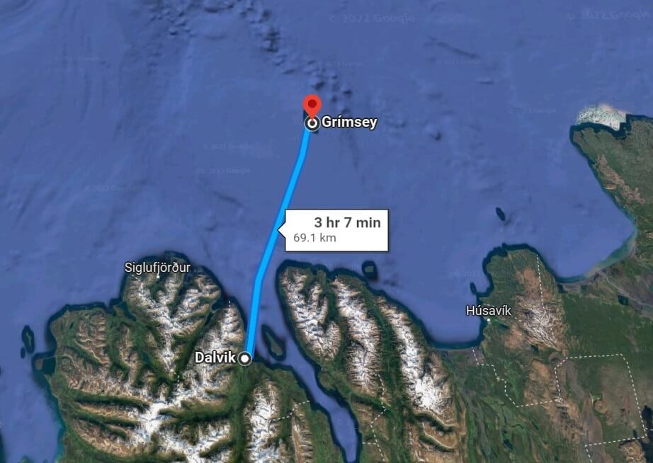 mapa Islandia a Grímsey en barci