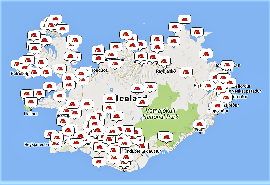 mapa de campings en Islandia
