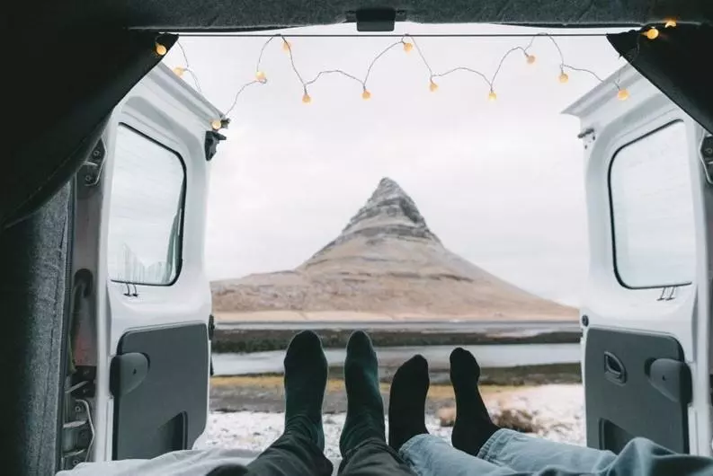 view from within a van looking out on Icelandic landscape