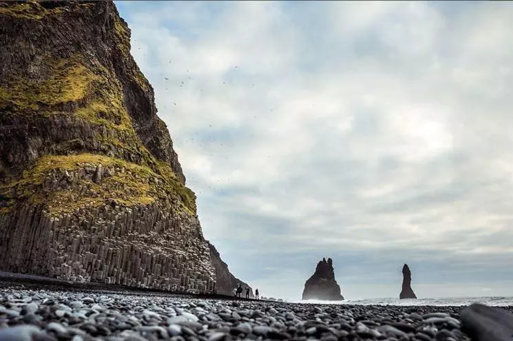 Reynisfjara Black Sand Beach with basalt columns along the South Coast of Iceland