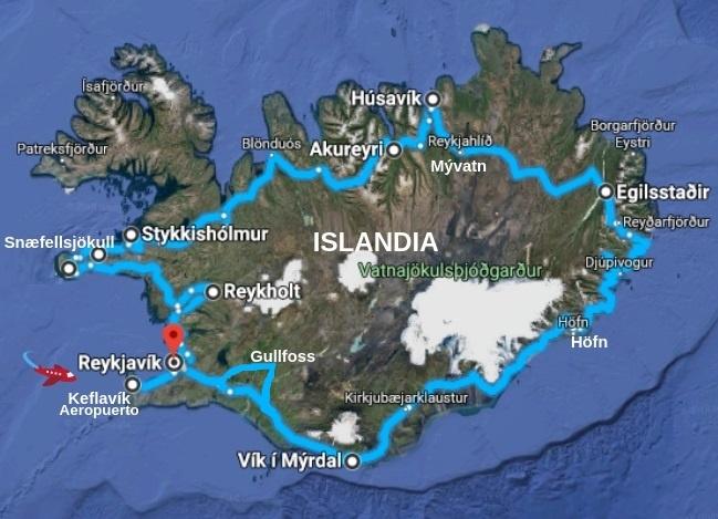 Mapa de la vuelta a Islandia en 12 días por su cuenta con coche alquilado.