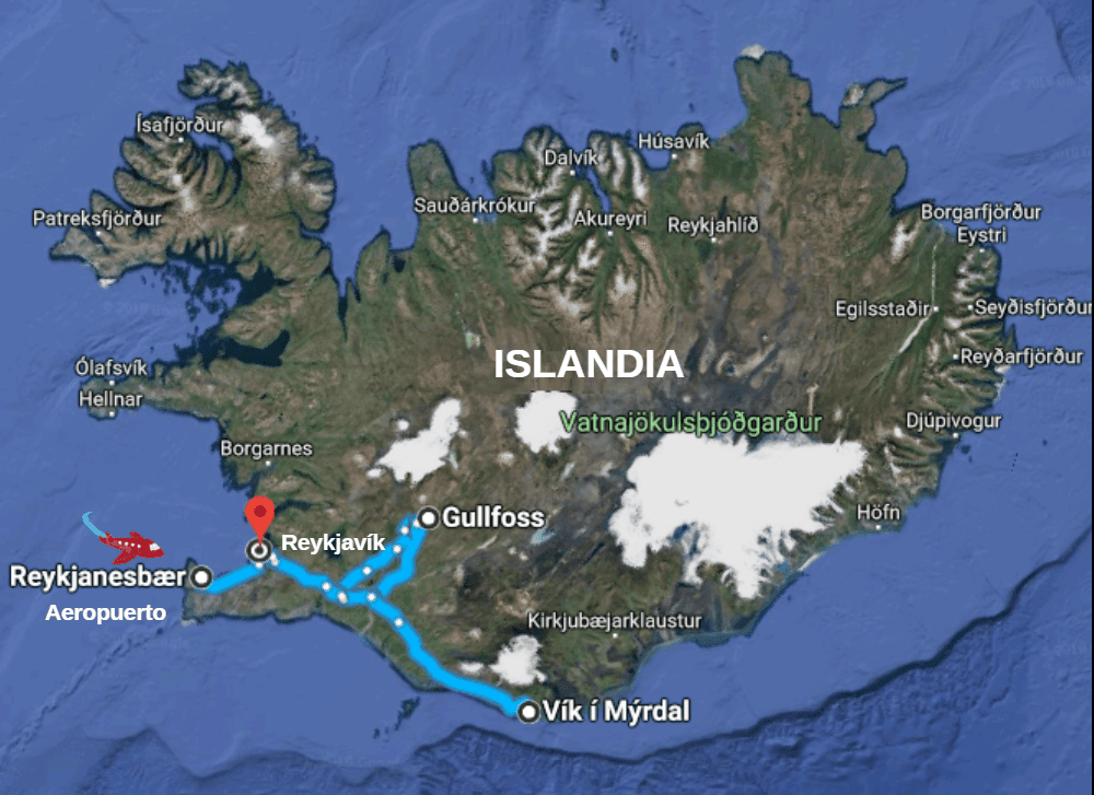 Ruta de 4 días - Círculo Dorado y costa sur Mapa de ruta de 4 días con coche alquilado en Círculo Dorado y costa sur de Islandia.