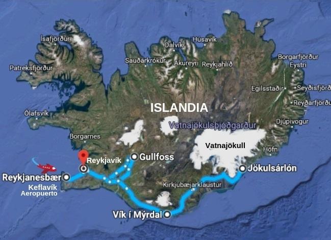 Mapa de la ruta de 5 días con paquete de alojamiento y coche en Islandia