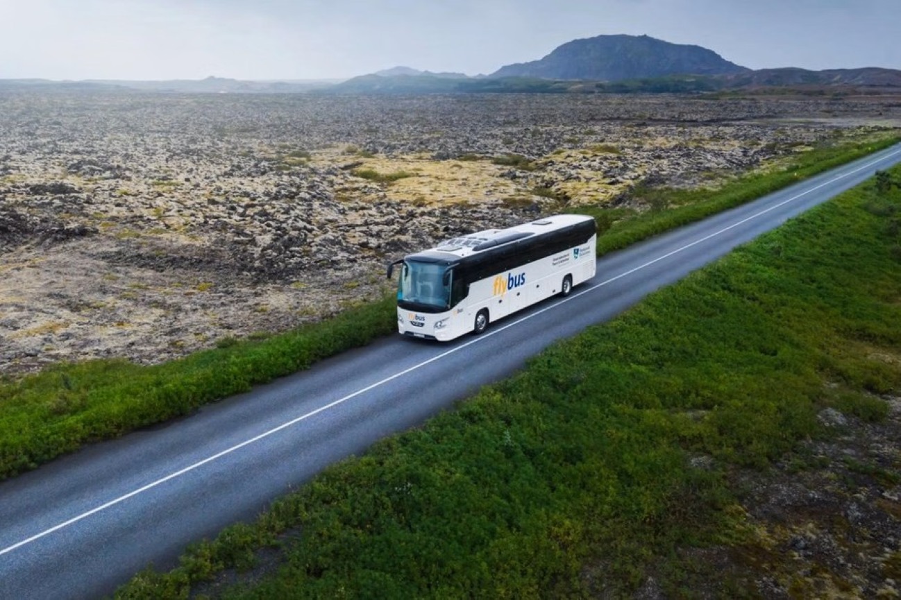 Flybus transfer departing from Keflavík Airport to Reykjavík city center